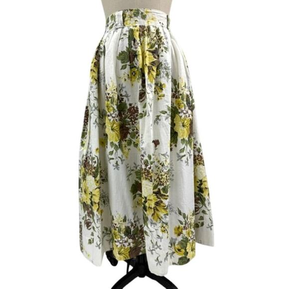 50s VTG White Cotton Floral Skirt Yel/Brw/Green Pleated Metal Zipper Belt Loops - Picture 1 of 5